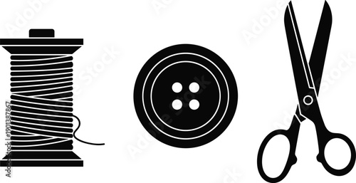Sewing tools silhouette set with thread spool, button and scissors, tailoring and needlework symbols, handmade craft equipment isolated on white background