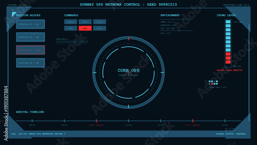 Advanced subway operations network control interface with station status alerts and high density crowd monitoring display