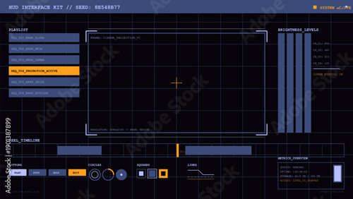 High-tech cinematic monitoring system interface with playlist, metrics, and brightness levels