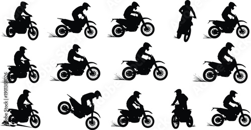 Motocross rider silhouette set, dirt bike racing actions, extreme sports motorcycle jumps, off road motorbike riders isolated on white background