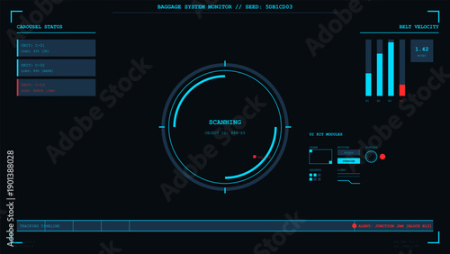 Futuristic interface displaying baggage handling system status and tracking monitor screen