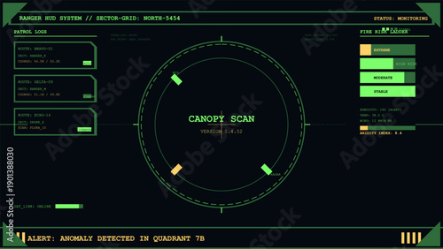 Futuristic Ranger HUD system interface displaying patrol logs and environmental monitoring data