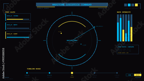Digital display screen showing maritime logistics command center data and vessel tracking