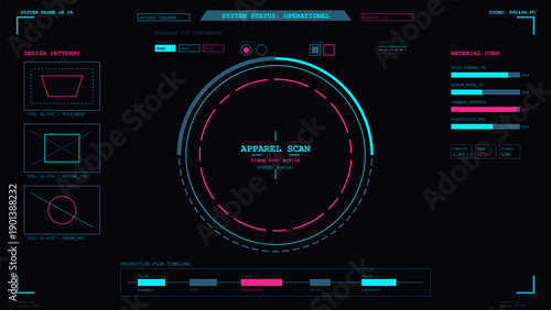 Futuristic operational system dashboard displaying apparel scan data and material composition