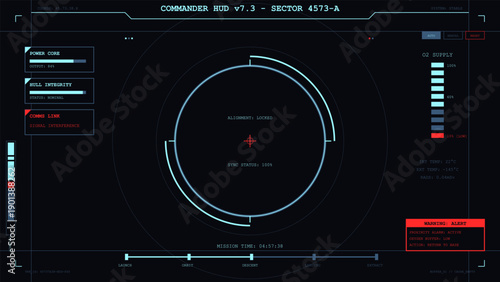 Advanced spaceship dashboard interface with alignment target and critical system warnings