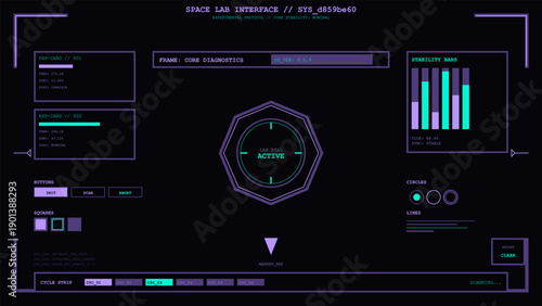 Futuristic space lab interface displaying core diagnostics, stability bars, and experimental protocol data