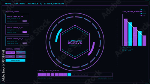 Futuristic dashboard interface showing artificial intelligence neural network training data