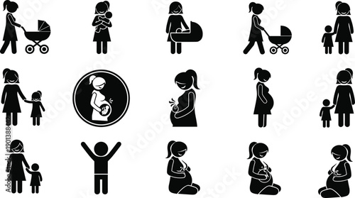 Motherhood silhouette icons set showing pregnancy, baby care, family life, mother and child activities, parenting stages isolated on white background