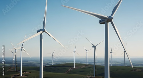 Wind turbines on green hills generating clean energy under clear sky