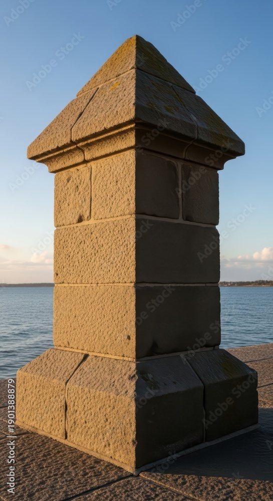 Fototapeta premium Stone pier structure by tranquil coastal waters under clear blue sky at sunset