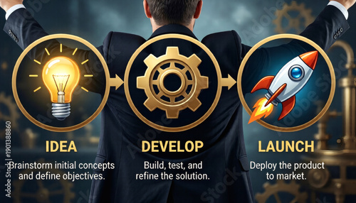 Business workflow process with idea develop and launch icons