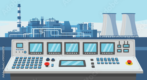 Industrial control panel in front of a power plant illustration, vector graphic
