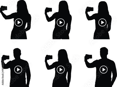 Silhouette people recording selfie videos with smartphone, social media content creators, vloggers, influencers filming reels, stories, live streaming isolated on white background