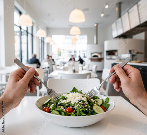 POV First-Person View of Hands Holding Spoon and Fork Over Fresh Salad Plate in Modern Pizza Restaurant