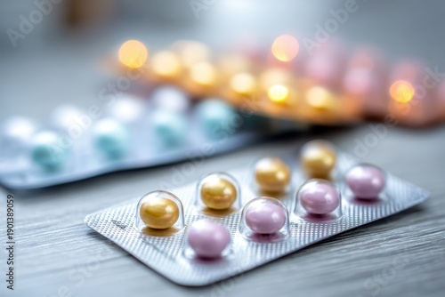 Medication Array Featuring Oral Contraceptives: A Selection of Pharmaceutical Pills in Blister Packs for Hormone Therapy, Displayed on Wooden Table Top with Intentional Shallow Depth