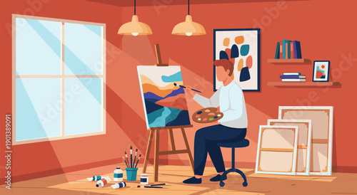 Vector illustration of an artist painting a landscape on canvas in a studio