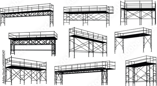 Black silhouette illustration collection of elevated platforms and scaffolding structures with safety railings, showcasing industrial design, construction engineering, maintenance access