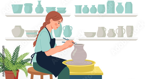 Creative Pottery Making Process Vector Illustration of a Woman Crafting Ceramics on a Wheel