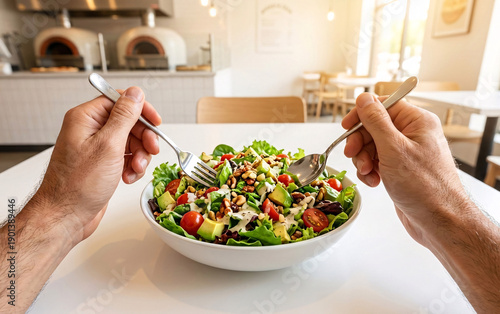 POV First-Person View of Hands Holding Spoon and Fork Over Fresh Salad Plate in Modern Pizza Restaurant