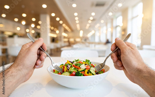 POV First-Person View of Hands Holding Spoon and Fork Over Fresh Salad Plate in Modern Pizza Restaurant