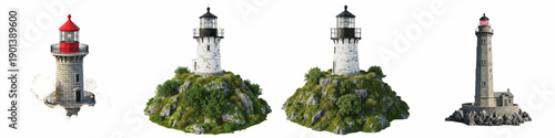 Εκτύπωση καμβά Set of majestic lighthouses on rocky islands isolated on white background, coast