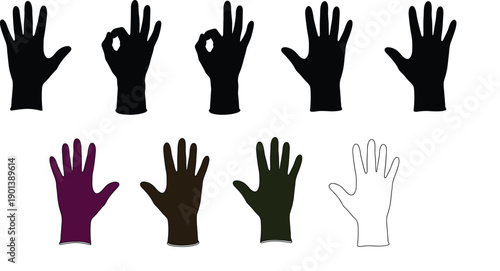Colorful and black silhouette illustration collection of diverse hand gestures including open palms and symbolic signs, perfect for design, artwork, communication, and creative projects.