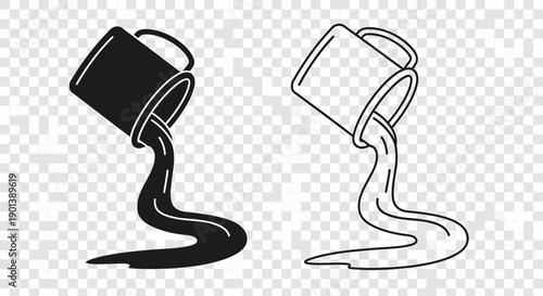 Two buckets pouring liquid, one black and one white, isolated on transparent background Vector