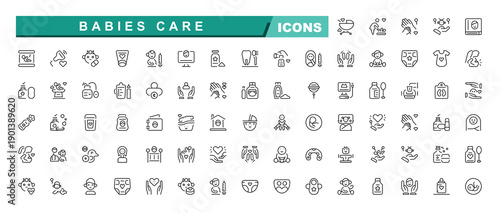 Baby Care Icons Set. Babies Care icon pack. Baby line icon set. Minimalist vector collections. Contain linear symbols child care, newborn, child, care and more.