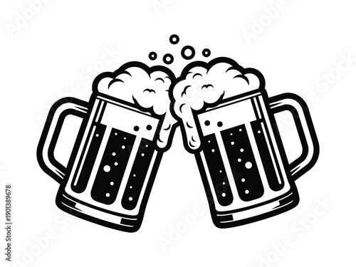 Two mugs of frothy beer clinking together, celebrating good times and friendship