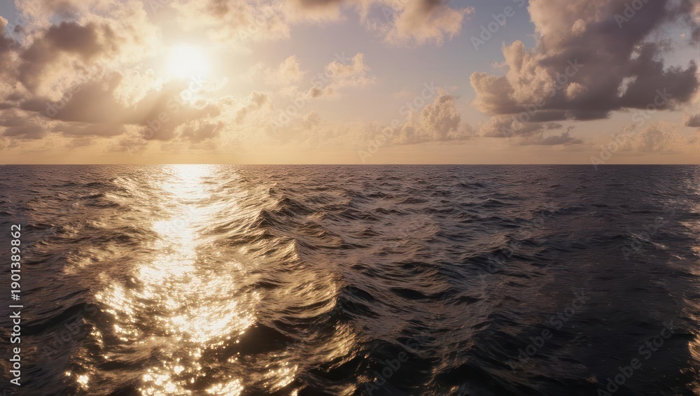Obraz premium Golden Sunset Over Calm Ocean Waves Reflecting Sunlight.