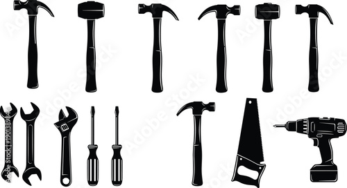 Hand tools silhouette set including hammers, wrench, screwdrivers, saw and drill, construction repair equipment icons isolated on white background