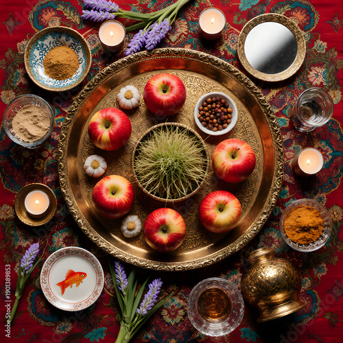 Wallpaper Mural Traditional Haft-Sin table arrangement for Nowruz featuring apples and plants   Torontodigital.ca