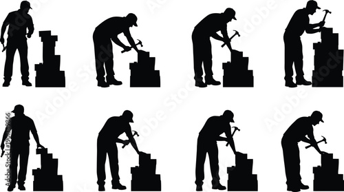 Black silhouette illustration sequence of person hammering blocks, depicting construction work, manual labor, building process, craftsmanship, and physical effort in step-by-step progression.
