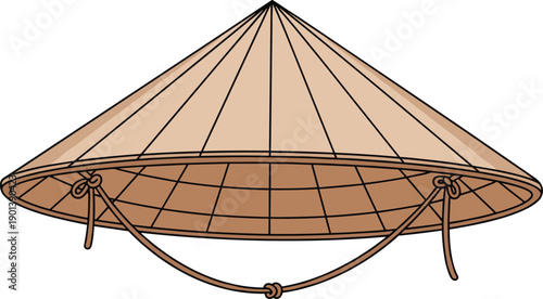 Traditional Asian conical hat illustration, straw farmer hat design, cultural headwear symbol, handmade bamboo hat isolated on white background