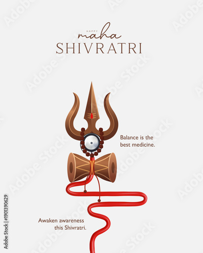 Maha Shivratri Trishul and Damru Spiritual Illustration with Minimal White Background