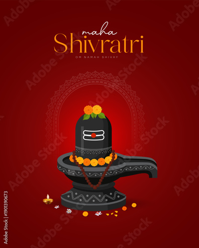 Maha Shivratri artwork featuring Shiva lingam with flowers and diya