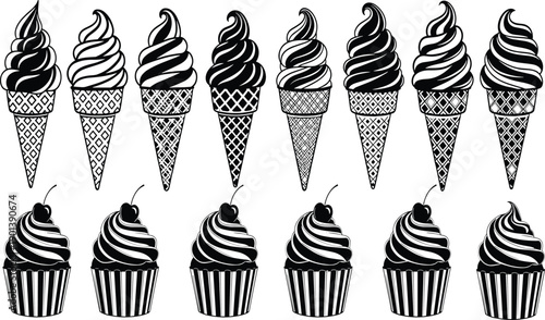 Ice cream cones and cupcakes line art set, sweet dessert illustrations, black and white pastry icons, bakery treats collection isolated on white background