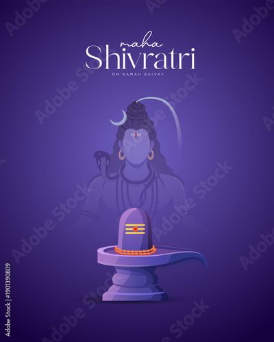 Spiritual Maha Shivratri illustration featuring Shiva Lingam and Lord Shiva in a calm purple theme.