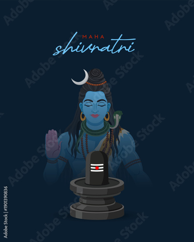 Maha Shivratri Illustration of Lord Shiva with Damru and Serpent on Blue Gradient Background