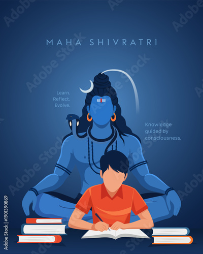 Modern Maha Shivratri illustration showing Lord Shiva symbolizing wisdom, learning, and consciousness.