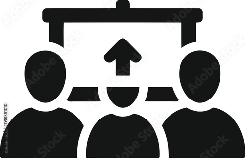 Team presentation icon showing business people audience watching projector screen with upload arrow for corporate training