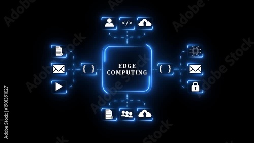 Hand Touching Edge Computing Interface with Blue Circuit Lines and Global Network on Dark Background for Technology Solutions.4k