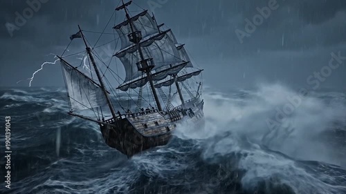 Old sailing ship battling a fierce storm at sea with lightning strikes.