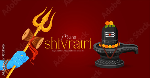 Festive Maha Shivratri design with Shiva lingam, trishul, and damru