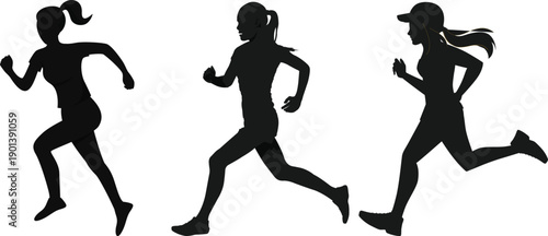 Running woman silhouettes set. Female runner figure shapes. Bare and naked slim healthy girl work out
