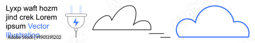Cloud technology, data transfer, connectivity, renewable energy, sustainability, network solutions. Electric plug connected to abstract cloud shapes. Cloud technology and data transfer visualization
