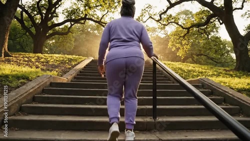 Woman in purple suit ascends stone steps Large trees and bright sunlight surround her