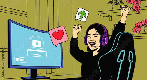 Excited young woman gamer celebrating victory while streaming online, surrounded by gaming equipment and social media icons