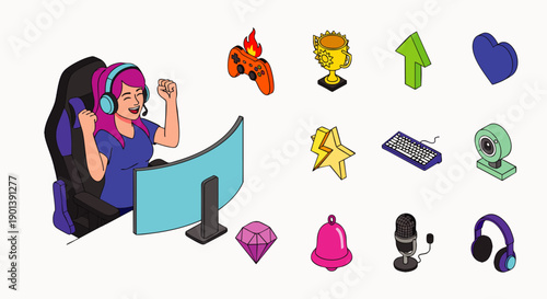 Isometric vector: Happy female gamer celebrating victory at PC. Gaming and streaming icons. Esports, online content, live stream.