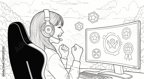 Excited young woman gamer celebrating victory in an online video game, showing achievement badges on screen, line art for coloring book.
